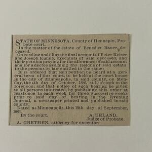 Estate Of Benedict Bauer Deceased Hennepin MN 1886 Minneapolis Clipping SAI8-S9